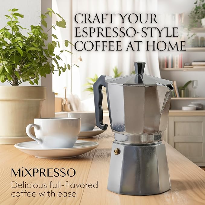 Mixpresso 6 Cup Moka Pot Cuban Coffee Maker, Moka Pot for Gas, Electric Stove Top, Classic Italian Coffee Maker, Stovetop Espresso Maker, Camping Pot Makes 6 Espresso Cup 10 Oz