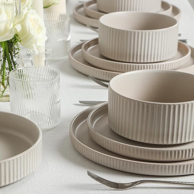 Stone Lain Haven Stoneware 16-Piece Dinnerware Set, Plates and Bowls Sets for 4, Dish Set, Includes Dinner sets, Salad Plates, Cereal Bowls, Glassware, Microwave & Dishwasher Safe, Beige