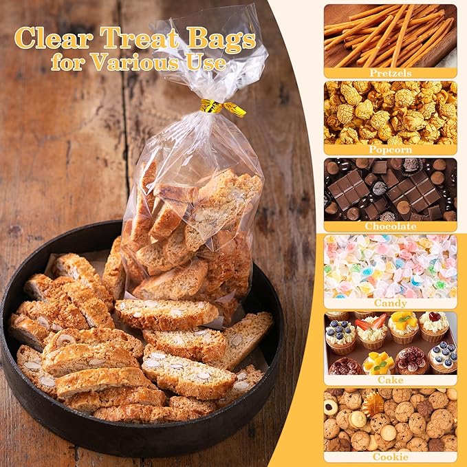 100 PCS Cellophane Treat Bags, Cidenbio 6x10 In Clear Cellophane Gift Bags with Twist Ties Plastic Goodie Bag for Party Favor Cookie Candy Popcorn Bakery Chocolate Gift Wrapping