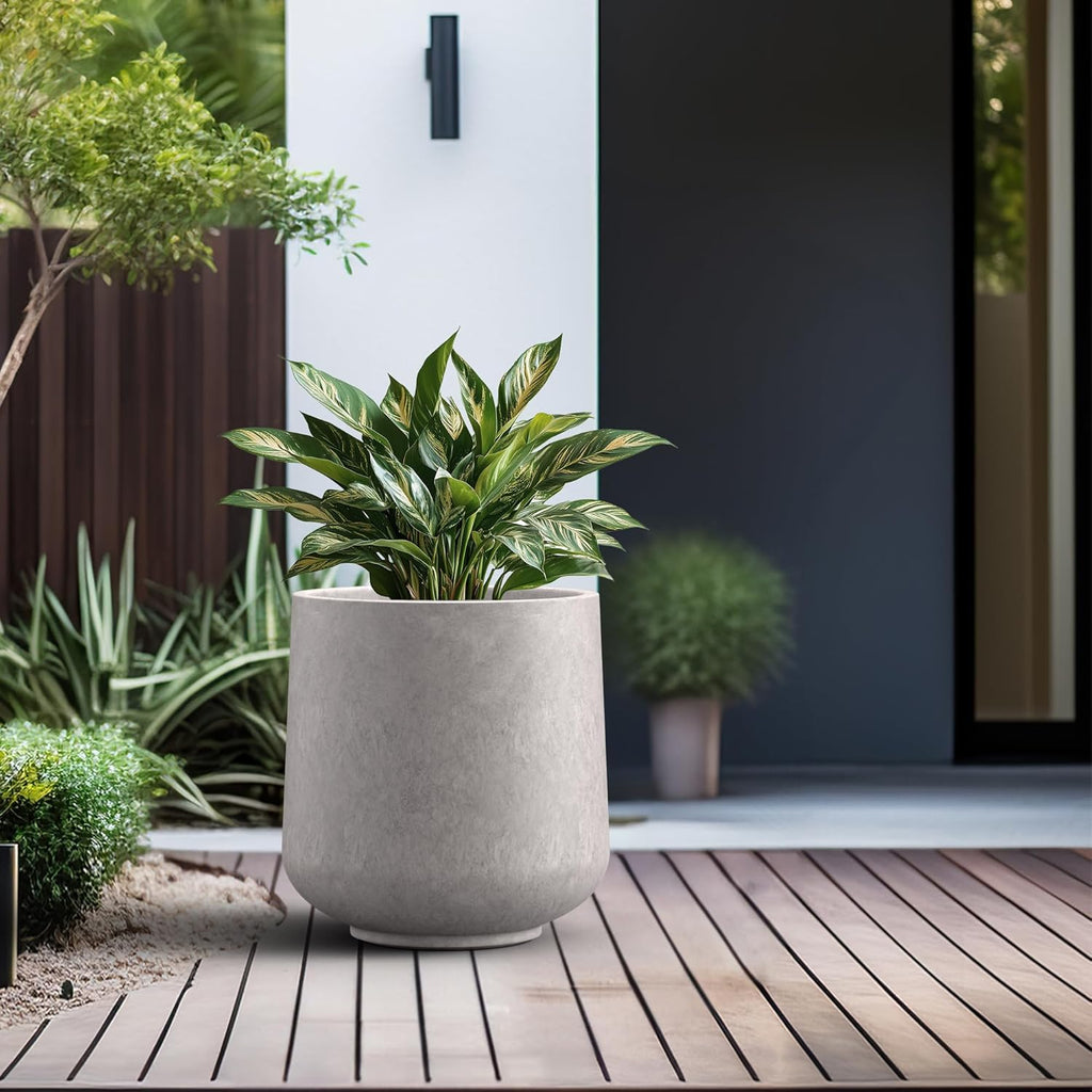 Kante 15.3" Dia Round Concrete Planter, Outdoor Indoor Large Plant Pots Containers with Drainage Hole and Rubber Plug for Home Garden Patio, Light Gray