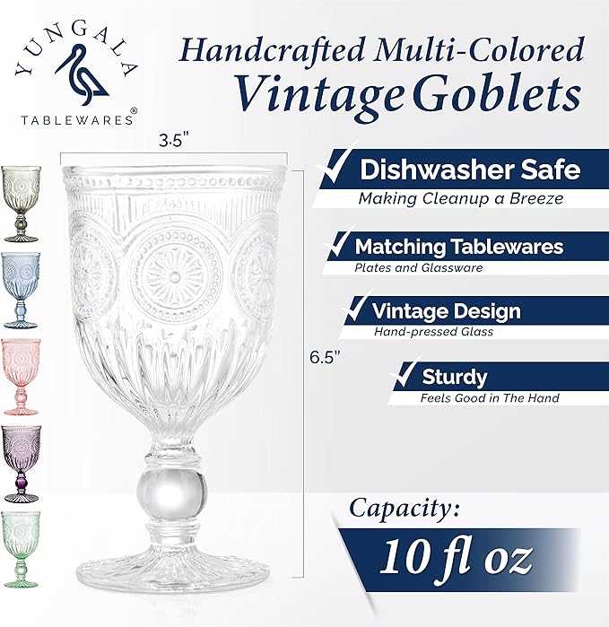 Yungala Colored Wine Glasses set of 6 colorful glass goblets made from Solid glass colors, colorful wine glasses are 100% dishwasher safe, multi colored wine goblets are hand crafted