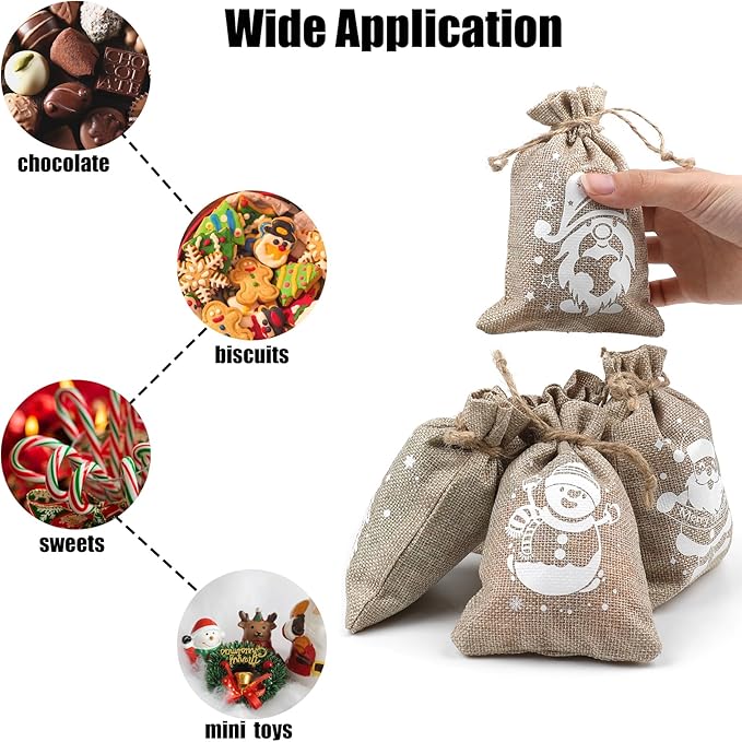 CCINEE 36pcs Christmas Burlap Bags, 4×6 Inch Drawstring Christmas Burlap Goody Gift Candy Bags with Double Jute Drawstrings Xmas Treat Bags for Candy Wrapper Xmas Party Favors