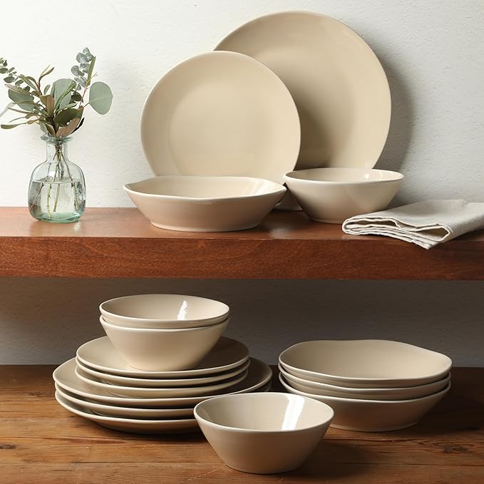 Bloomhouse Montecito Breeze 16 Piece (Service for 4) Double Plates and Bowls Stoneware Reactive Glaze Dinnerware Set - Marble Dawn Cream