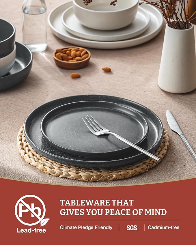 Famiware Milkyway Plates and Bowls Sets, 12 Pieces Dinnerware Sets, Reactive Glaze Dish Set, Stoneware Dishes Set for 4, Matte White & Matte Dark Charcoal
