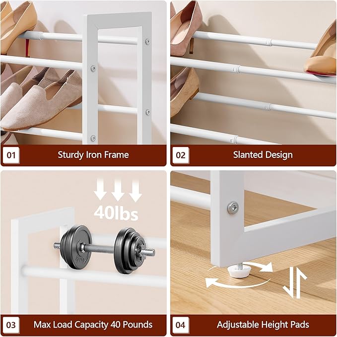 FAVOOSTY 3-Tier Expandable Shoe Rack, Adjustable Shoe Shelf Storage Organizer Space Saving Metal Free Standing Shoe Rack for Entryway Closet Doorway, White