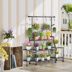 GIOTORENT 3-Tier Tall Metal Plant Stand Indoor Outdoor - Heavy Duty Plant Shelf for Garden, Patio, Balcony with 5 Hanging Hooks, Holds 16-25 Plants, Black