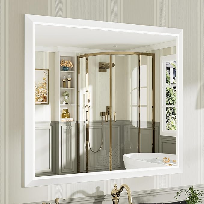 40x36 Inch White Bathroom Mirror for Wall, Thick Metal Framed Rectangle Mirrors for Over Sink, Bedroom, Living Room, Entryway, Anti-Rust, HD Tempered Glass
