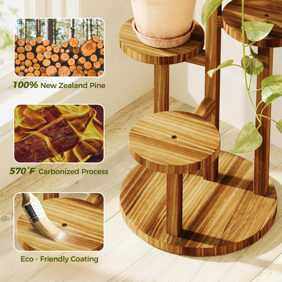 Bamworld Plant Stand Indoor Wood Plant Shelf 4 Tier Brown