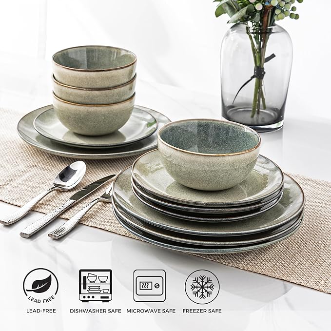 AmorArc Ceramic Dinnerware Sets for 4, 12 Pieces Handpainted Stoneware Plates and Bowls Set, Scratch Resistant Dishes Set, Dishwasher & Microwave Safe, Reactive Color