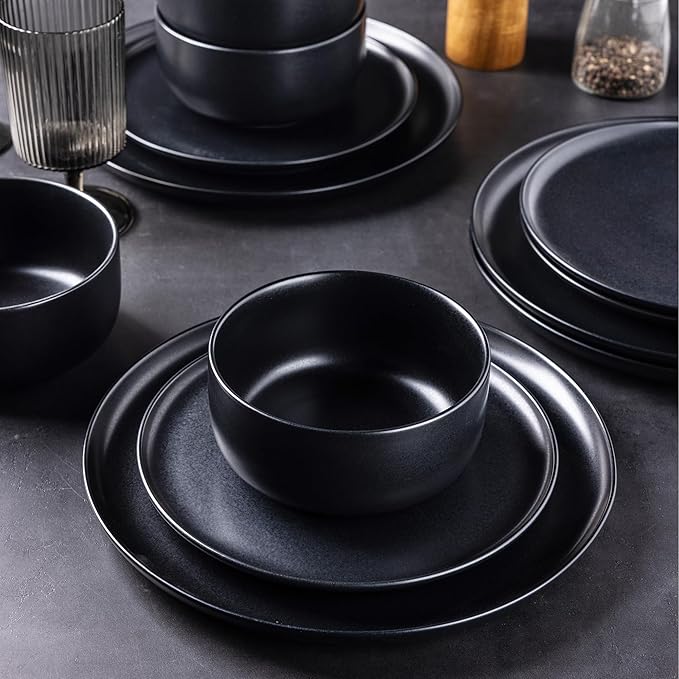 LERATIO Stoneware Dinnerware Sets for 6,Handcarft Ceramic Plates and Bowls Sets,Chip and Scratch Resistant Dishes, Dishwasher & Microwave Safe, Oven safe,Reactive Glaze-Black