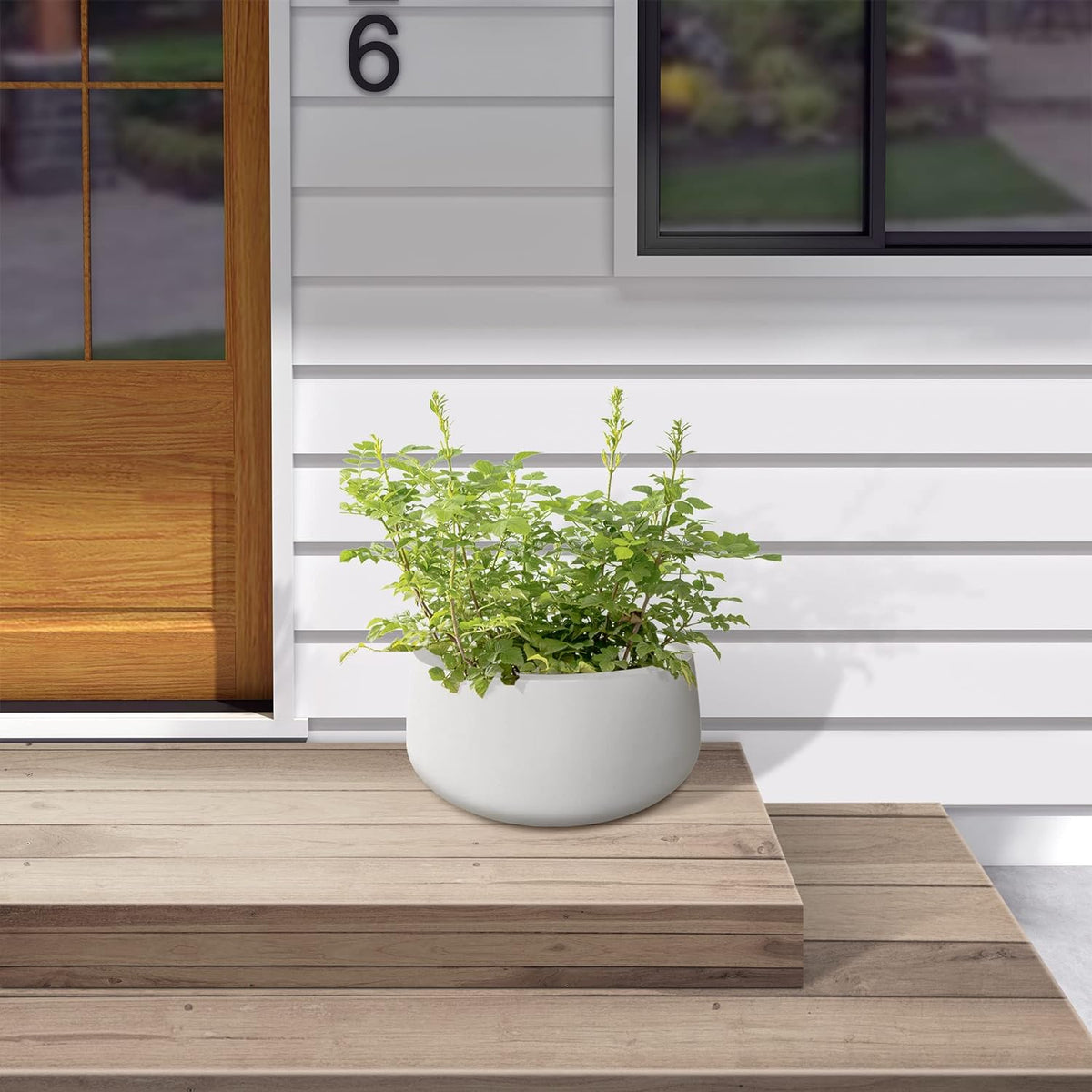 Kante 19.6" Dia Round Concrete Planter, Outdoor Indoor Garden Plant Pots with Drainage Hole and Rubber Plug, Modern Curvaceous Design, Pure White
