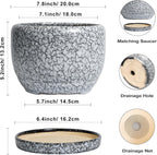 SQOWL 8 inch Plant Pot - Ceramic Planter with Drainage Hole and Saucer, Round Flower Pot for Indoor Plants, Decorative Planter Outdoor, Patio Balcony Decor, House Warming Gifts, Black and White