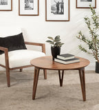 Kate and Laurel Kershaw Mid-Century Modern Round Coffee Table, 30 x 30 x 19, Walnut Brown, Transitional Circle Living Room Table with Solid Mango Wood Construction and Tapered Hairpin Legs