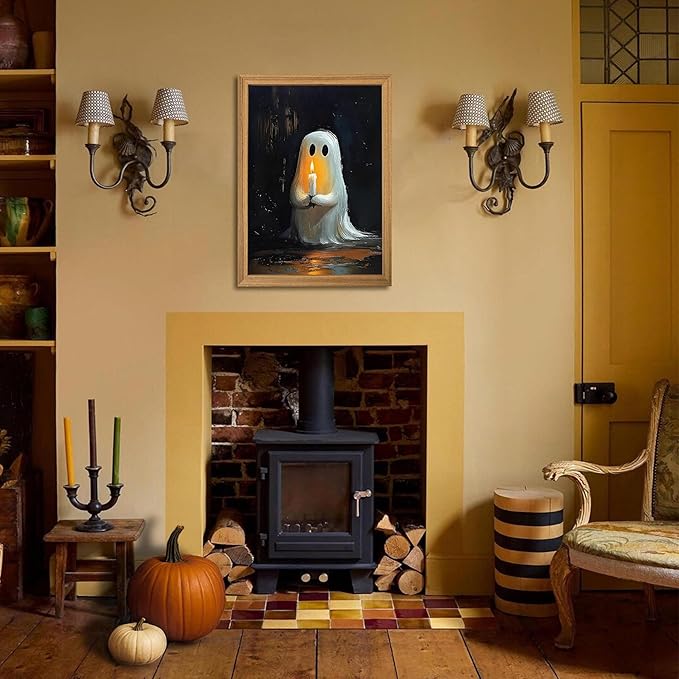 Framed Vintage Halloween Ghost Wall Art - Spooky Candle Ghost Fall Texture Pictures Wall Decor for Living Room, Kids Room, Halloween Bedroom or Party 16x24 inch