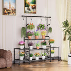 GIOTORENT 3-Tier Tall Metal Plant Stand Indoor Outdoor - Heavy Duty Plant Shelf for Garden, Patio, Balcony with 5 Hanging Hooks, Holds 16-25 Plants, Black