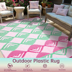 Beeiva Waterproof Outdoor Rug 8x10, Reversible Plastic Straw Patio Mat, Modern Geometric Large Outdoor Camping Rugs for Porch, Deck, Backyard, Balcony, Picnic - Pink & Green