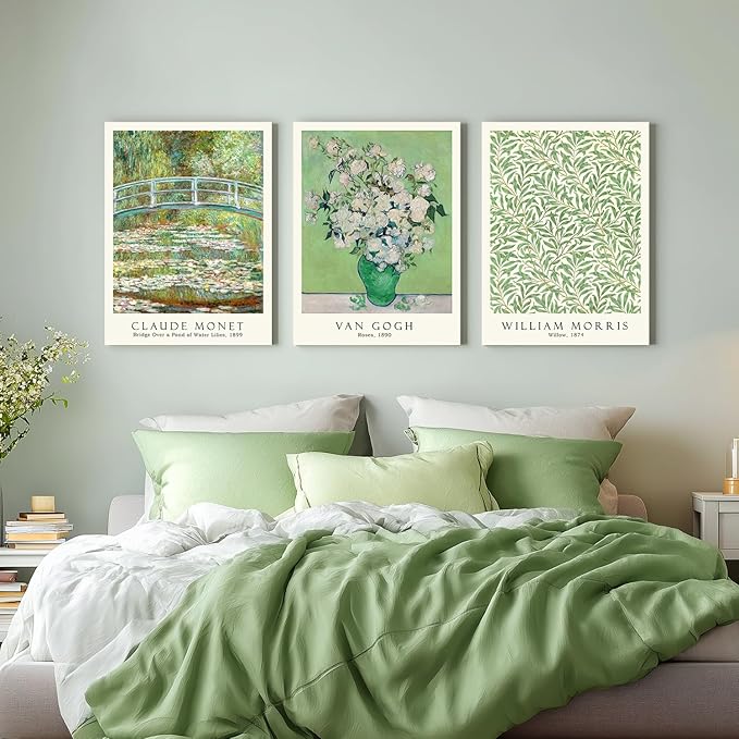 FASWQ Framed Monet Van Gogh William Morris Wall Art, Grass Botanical Wall Decor, Mid Century Impressionist Canvas Paintings, Modern Green Landscape Poster Print for Living Room Bedroom 16"x24"x3