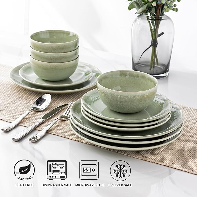 AmorArc Ceramic Dinnerware Sets for 4, 12 Pieces Handpainted Plates and Bowls Set, Scratch Resistant Stoneware Dishes Set, Dishwasher & Microwave Safe, Olive Green