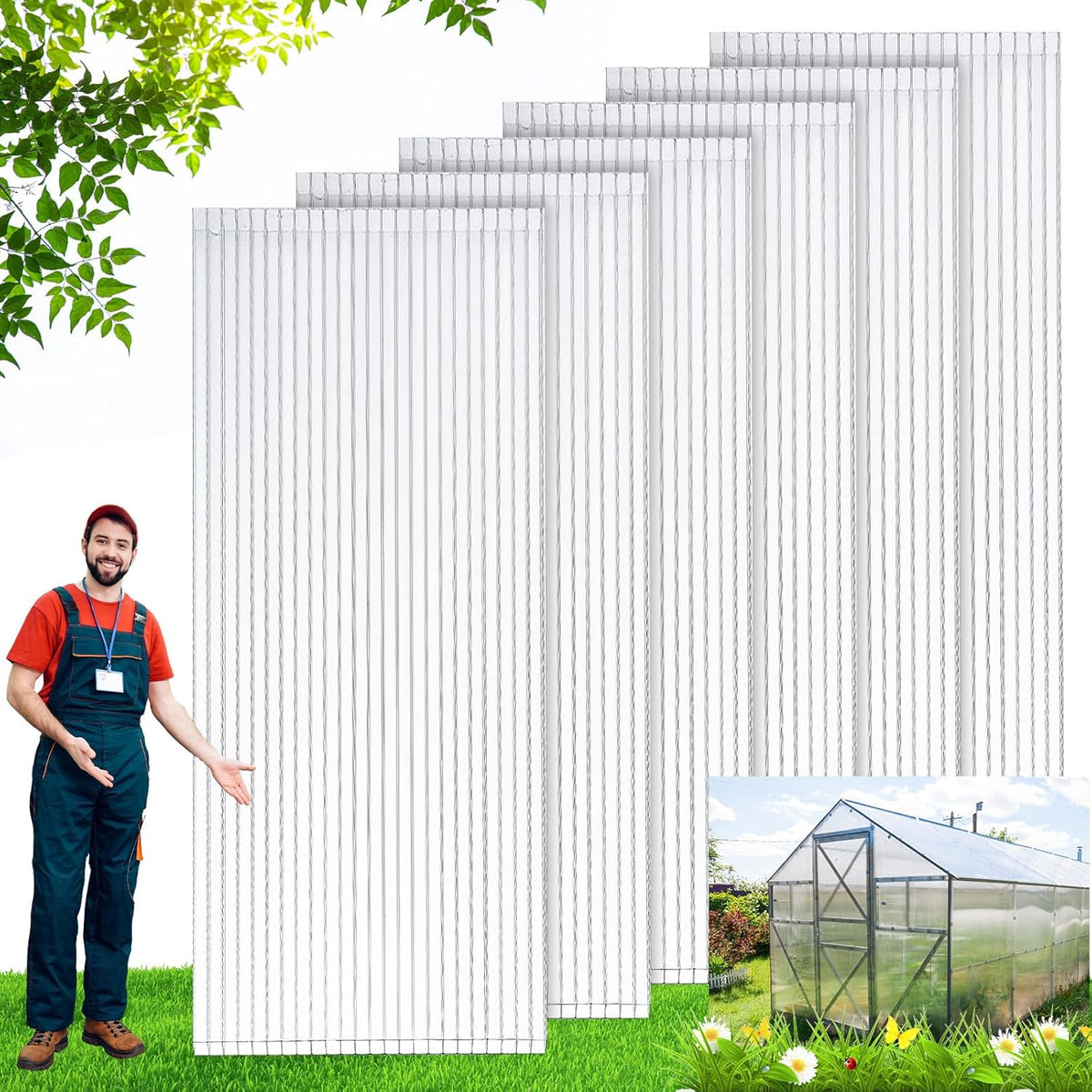 Tatuo 12 Pack 6' X 2' X 0.24'' Polycarbonate Greenhouse Panels Polycarbonate Sheets Twin-Wall Roof Panels Waterproof UV Protected Clear Corrugated Plastic Roofing for Greenhouse Replacement