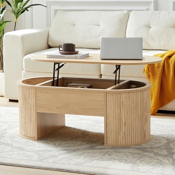 QHITTY Fluted Coffee Table with Lifting Top, Oval Wood Lift Top Coffee Table with Hidden Compartment, Mid Century Pull up Center Tables for Living Room, Office - Natural