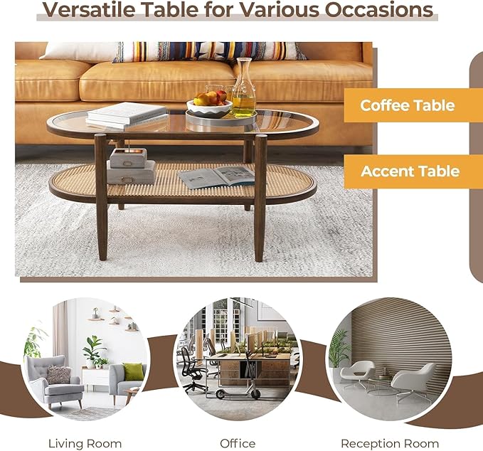 MAT EXPERT Rattan Coffee Table, 2 Tier Boho Oval Living Room Table w/Glass Tabletop Wood Frame & Storage Shelf, 40’’L Mid Century Modern Tea Table, Center Table for Living Room Home Office, Brown
