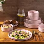 AmorArc Ceramic Dinnerware Set for 8 | Speckled Stoneware Plates and Bowls with Rustic Terracotta Underside| Scratch Resistant,Dishwasher & Microwave Safe Dishes Sets- 24pcs Pink