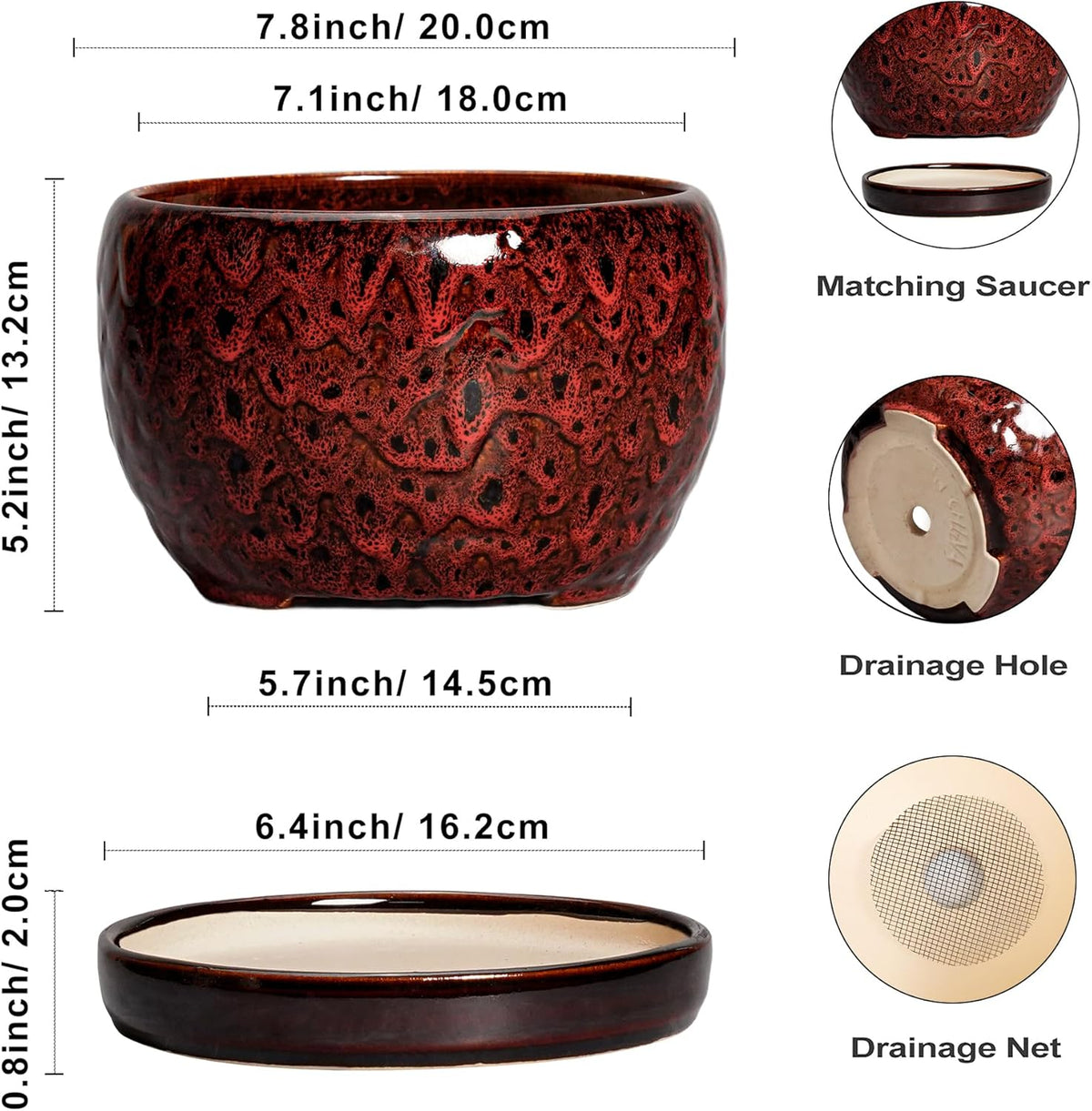 SQOWL Ceramic Plant Pots - 8 inch Planter with Drainage Hole and Tray, Round Ceramic Planter for Indoor Outdoor, Modern Decorative Flower Pot, Home Room House Decor, Plant Lovers Gifts, Red
