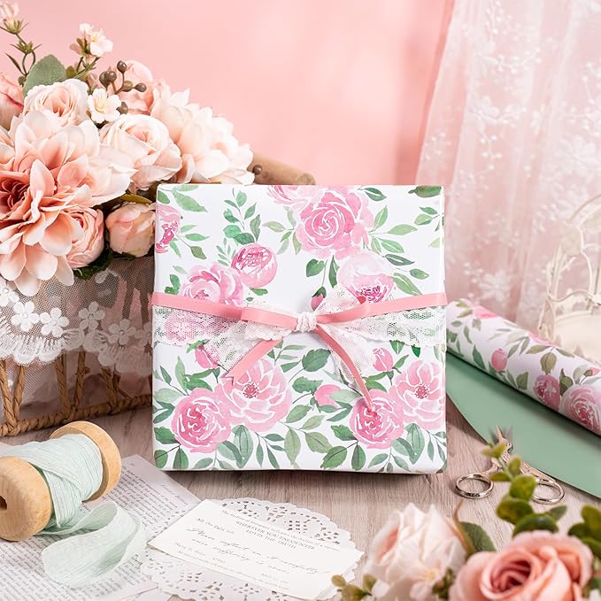 RUSPEPA Reversible Floral Wrapping Paper Roll for Girls Women, Mini Roll, Pink Rose Design and Green Solid Color, Elegant Gift Wrap for Birthday, Mother’s Day, Bridal Shower, 17 Inches x 16.4 Feet