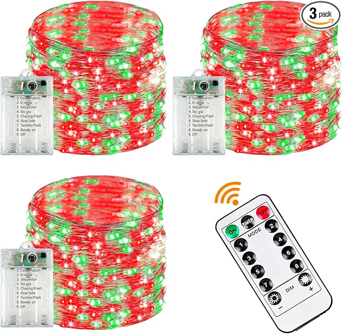 3 Pack Fairy Lights Battery Operated with Remote Control Timer, 26 FT 80 LED String Lights Outdoor Indoor, 8 Mode Twinkle Lights for Christmas Party Wedding Birthday Bedroom Décor (Red and Green)