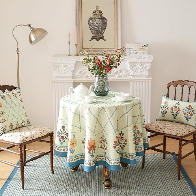 ISAENNE Designer Linen Floral Round Tablecloth,Light Green Farmhouse Durable Table Cloth,Washable Decor Tablecloths for Dining Kitchen Thanksgiving Christmas,Diameter 67"-Floralsea B