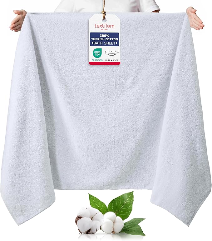 TEXTILOM 100% Turkish Cotton Oversized Luxury Bath Sheets, Jumbo & Extra Large Bath Towels Sheet for Bathroom and Shower with Maximum Softness & Absorbent (40 x 80 inches)- White