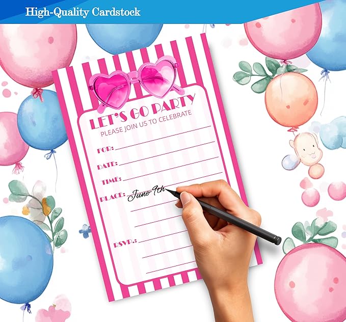 Pink Girl Birthday Invitations for Girls, Girls Pink Birthday Party Invitaions for Party Invites, 4x6 Inches, 30 Sets with Envelopes