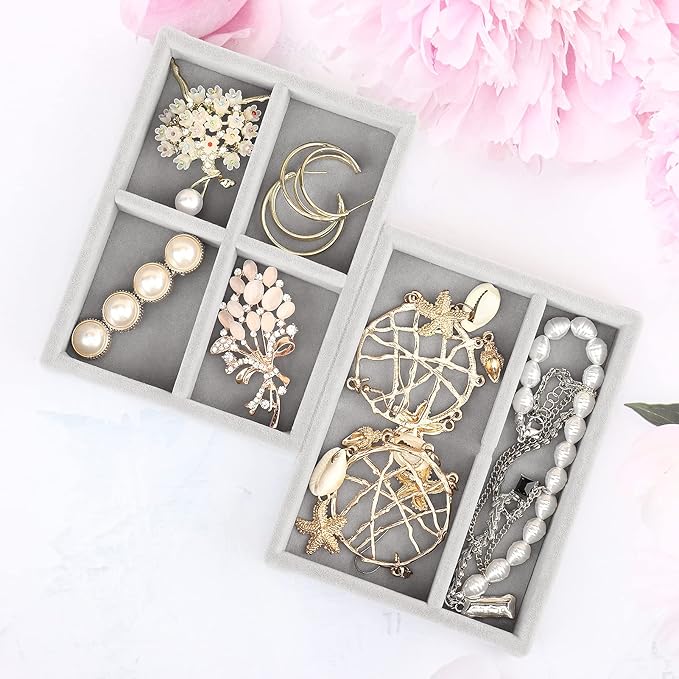 DesignSter Small Jewelry Tray, 2PCS Ring Organizer, Velvet Jewelry Display Tray, Stackable Jewelry Organizer Trays, Jewelry Drawer Organizer Inserts For Dresser, Jewelry Box (Gray)