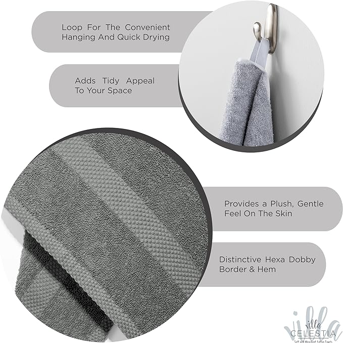 100% Cotton Hand Towel Set of 4, (16 x 28 inches) Sustainable, Soft, Highly Absorbent, Quick Drying, Combed Cotton Hand Towels Pack of 4 Ideal for Hotels, Spa, Bathroom, Dorm, Grey