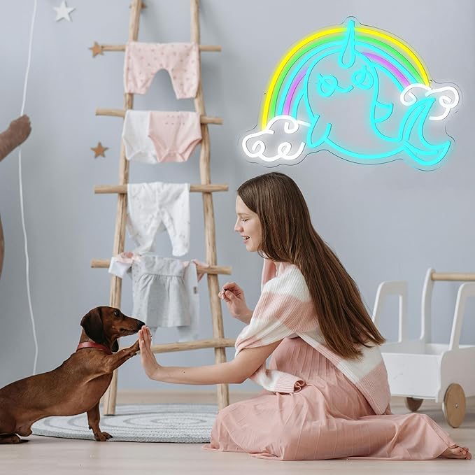 Rainbow Narwhal Neon Sign Dreamy Narwhal Led Sign Dimmable Rainbow Cloud Light up Sign Cute Fish Neon Light Decor for Bedroom Living Room Girl Dorm Shop Birthday Party Wedding Cartoon Lover