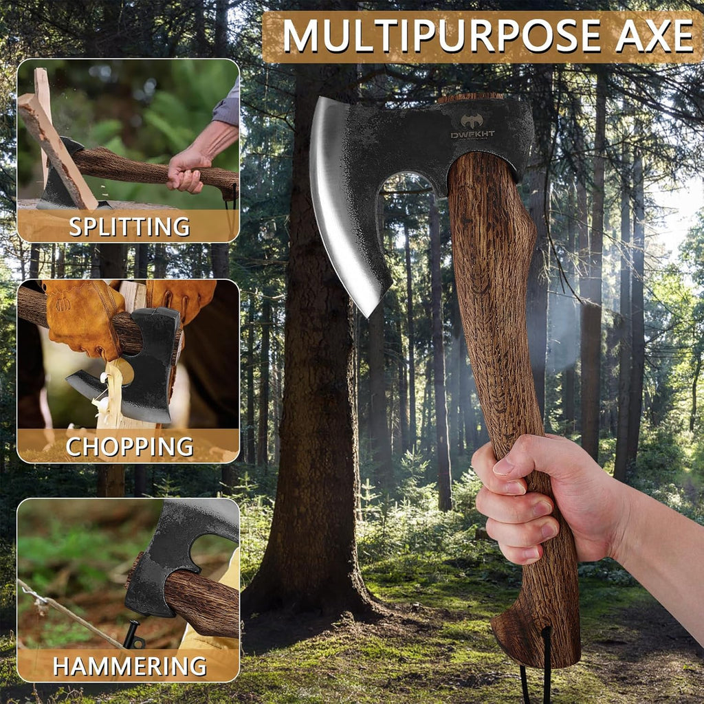 Hatchet Axe, 15.7" Camping Hatchet with Leather Sheath, Bushcraft Axe with 1065 Carbon Steel & Beech Handle, Survival Axe for Wood Splitting and Chopping - Perfect for Gardening and Outdoor