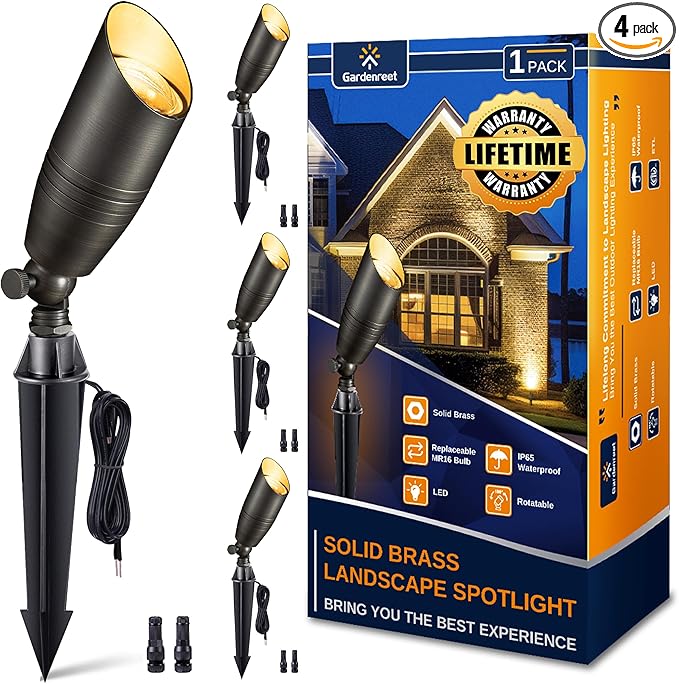 Brass Landscape Lighting - Low Voltage Spotlights Outdoor LED, 12V Wired Uplights, Waterproof Spot Lights, Antique Bronze for Outside Trees Without MR16 Bulb (4 Pack)