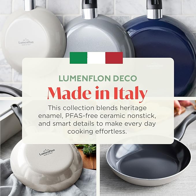 Deco 9.5” Nonstick Frying Pan Skillet, Made in Italy, Diamond Ceramic PFAS-Free, Dishwasher & Metal Utensil Safe, Durable Gloss Enamel Finish, Stay-Cool Handle, High Walls-Extra Room, Taupe