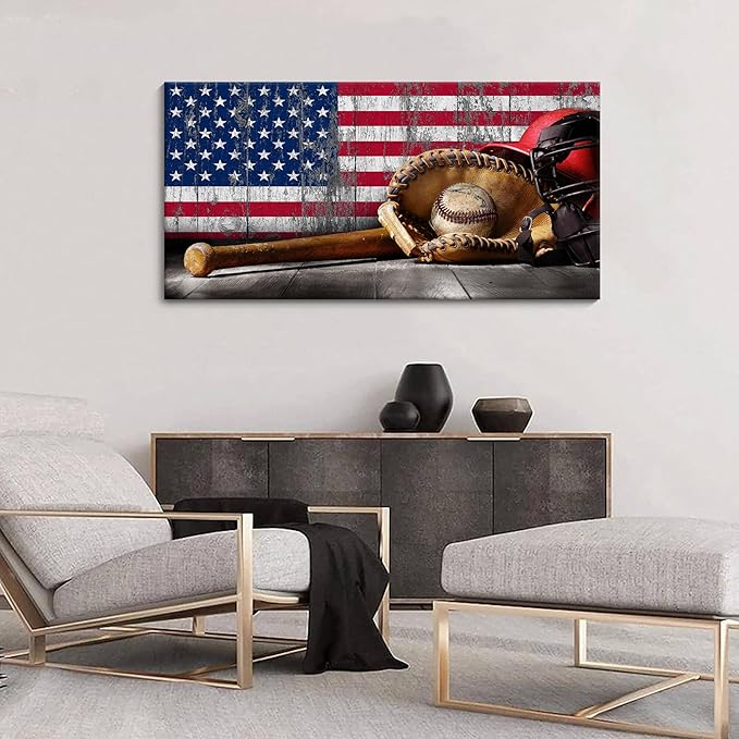 YDYSUNE Baseball Wall Art Vintage American Flag Canvas Prints Sports Pictures Paintings for Living Room Office Home Decorations Modern Artwork 24×48IN