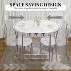 VECELO 3-Piece Dining Table Set for Kitchen Breakfast Nook, Faux Marbled Oval Tabletop and Metal Frame with Built-in Wine Rack, for Small Spaces, White & Silver
