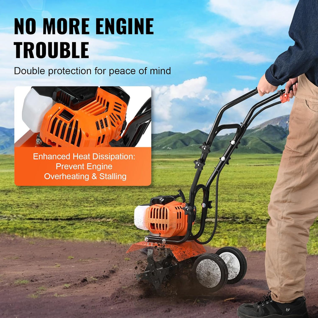 VEVOR Tiller Cultivator Gas Powered, 43CC 2-Stroke Garden Cultivator, Tiller with 4 Steel Adjustable Front Tines for Lawn, Garden and Field Soil Cultivation
