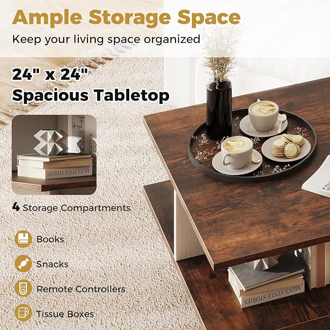 GOFLAME Farmhouse Coffee Table with Storage, 2-Tier Square Center Table with 4 Storage Compartments & X-Shape Base, Modern, Wood Tea Tables for Living Room, Lounge, Rustic Brown + White