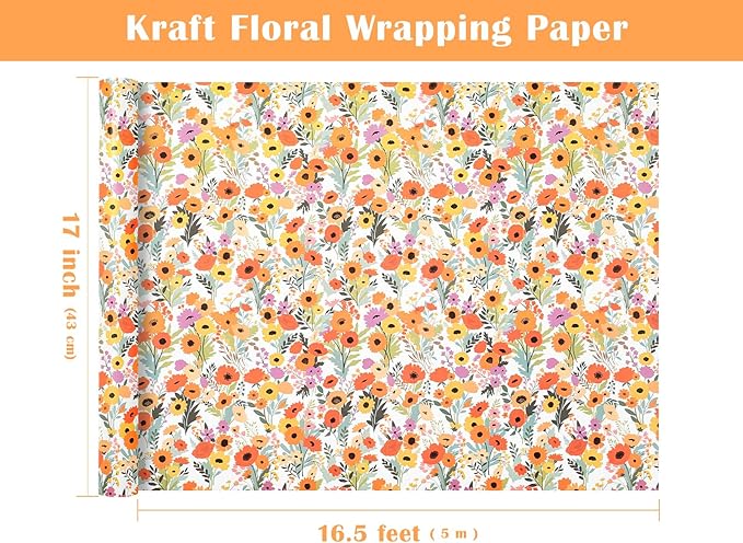 WRAPAHOLIC Kraft Floral Wrapping Paper Roll - Mini Roll - 17 Inch x 16.5 Feet - Bright Summer Flower Wrapping Paper, Perfect for Wedding, Birthday, Bridal Shower, Tea Party