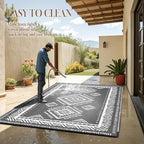 OMERAI Reversible Waterproof Outdoor Rug for Backyard,Plastic Textured Resistant Outdoors Rugs,Portable Washable Easy Cleaning Foldable Camping Beach Carpet for Patio Courtyard, 5'x8' Gray & White