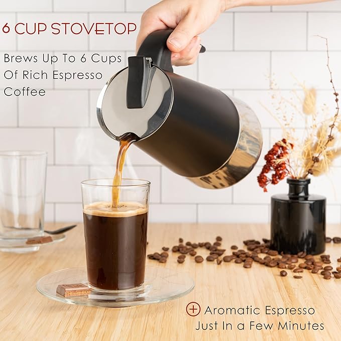 Mixpresso Black 6 Cup Greca Stovetop Espresso Pot 300ml/10oz, Moka Pot with Coffee Percolator Design, Stainless Steel Stove Top Coffee Maker for Camping or Home Use,Italian Stovetop Espresso Maker