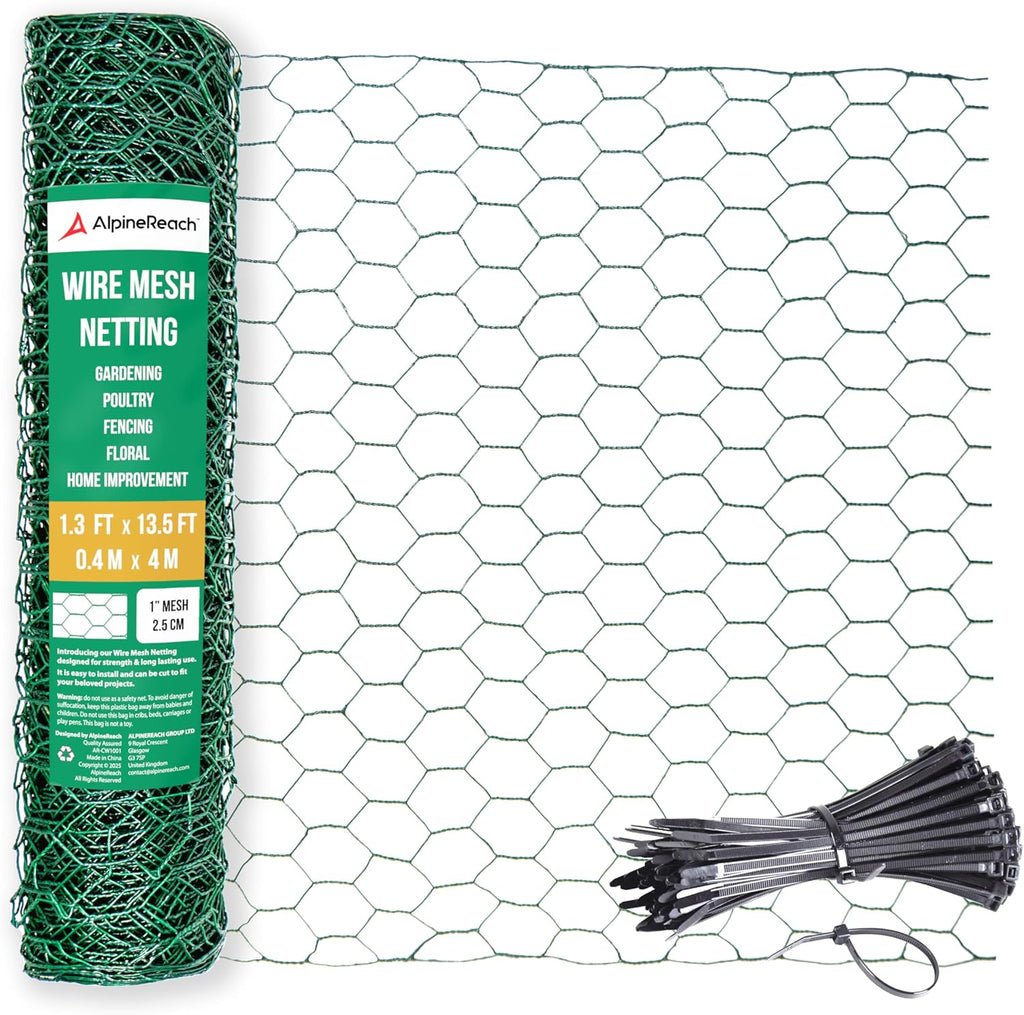 AlpineReach Chicken Wire 1.3ft x 13.5ft (15.6" x 162") for Floral Arrangements, Zip Ties - Green Mesh Roll Galvanized Hexagonal PVC Coated Garden Netting for Fencing, Crafts, Poultry, Gardening Fence