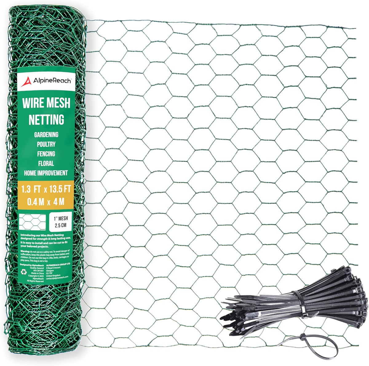 AlpineReach Chicken Wire 1.3ft x 13.5ft (15.6" x 162") for Floral Arrangements, Zip Ties - Green Mesh Roll Galvanized Hexagonal PVC Coated Garden Netting for Fencing, Crafts, Poultry, Gardening Fence