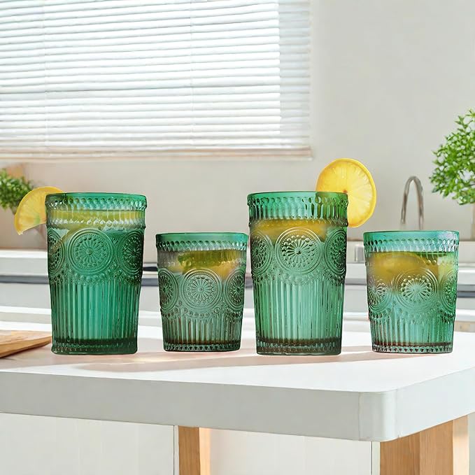 12pcs Vintage Drinking Glasses Set, 12 oz Highball Glasses & 9 oz Embossed Ribbed Glassware Cups for Cocktail, Water, Juice, Coffee, Whiskey (Atroviens)