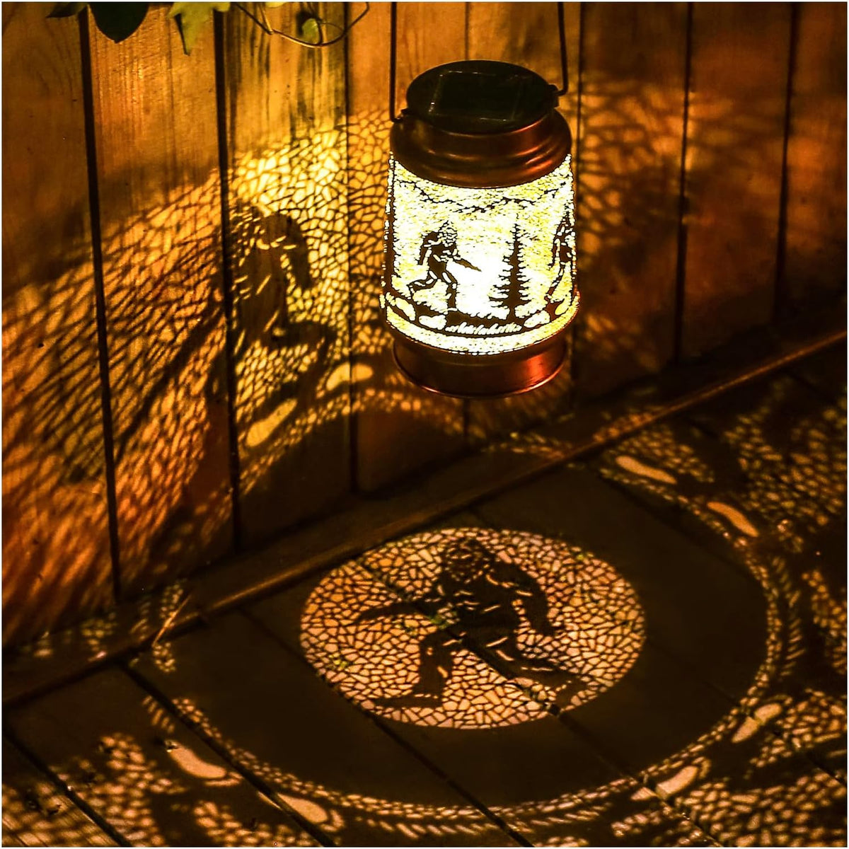 2 Pack Bigfoot Outdoor Solar Hanging Lanterns Waterproof LED Solar Lights Metal Decorative Lanterns for Garden, Patio, Courtyard, Backyard, Yard Decor Unique Bigfoot Gifts for Women Gardening