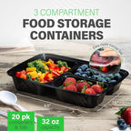 Ez Prepa [20 Pack] 32oz 3 Compartment Meal Prep Containers with Lids - Bento Box - Plastic - Stackable, Reusable, Microwaveable & Dishwasher Safe